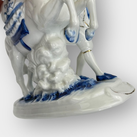 Vintage Porcelain Horse Rider & Handler Figurine Blue White Gold Trim 9 Inch - Picture 13 of 16